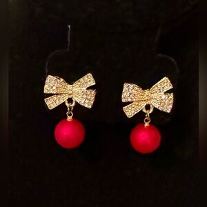 Fashion Jewelry- Christmas Red Ball w Golden & Faux Diamonds Bow studs earrings